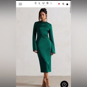 Club L London Emerald green satin midi dress long sleeve